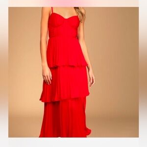 Lulu’s Cascading Crush Red Tiered Bustier Midi Dress